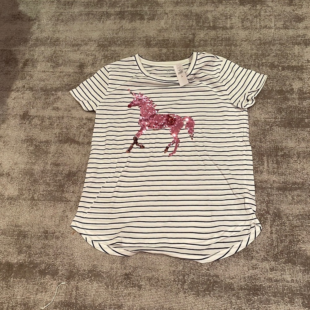 Black and white striped shirt with unicorn